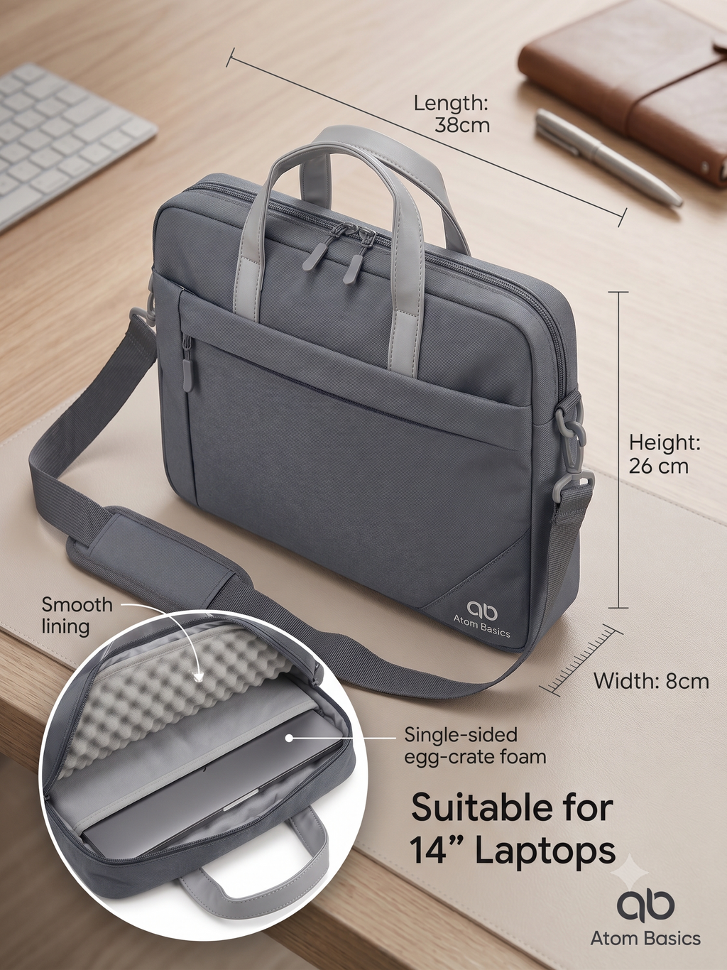 Atom Basics Multi-Compartment Laptop Messenger Tote – Grey