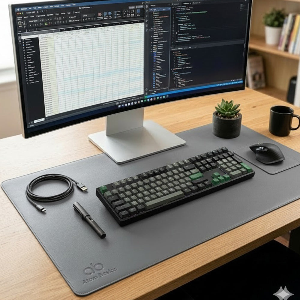 Atom Basics Premium Leather Desk Mat - Multi-functional Mouse Pad & Laptop Stand- Grey