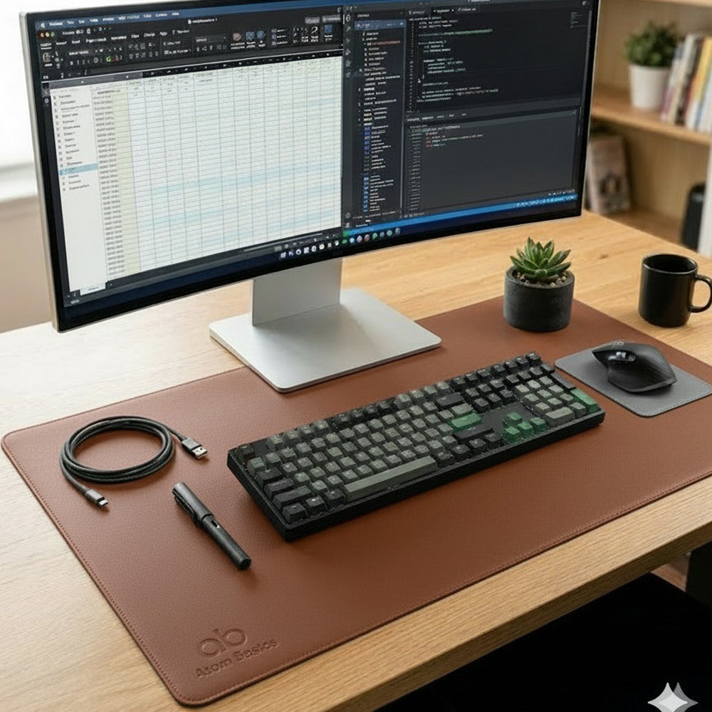 Atom Basics Premium Leather Desk Mat - Multi-functional Mouse Pad & Laptop Stand - Brown