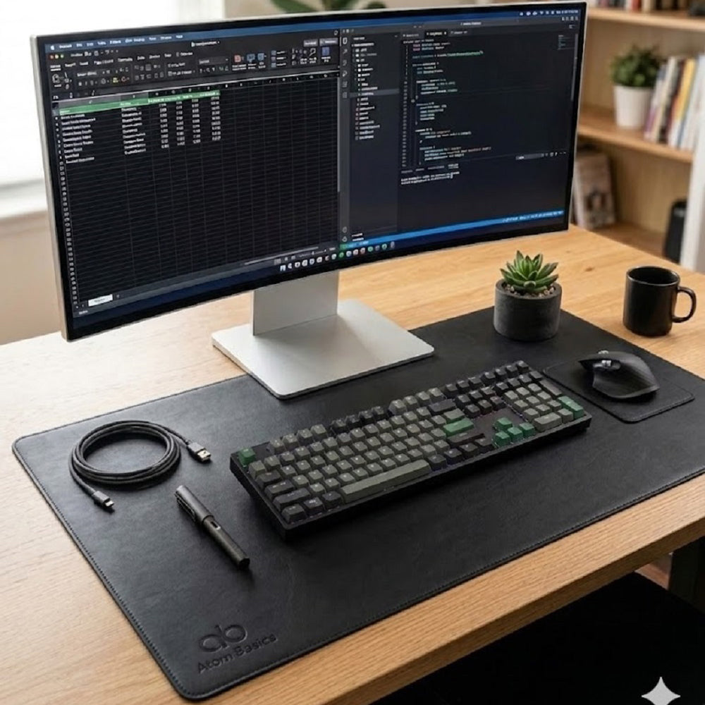 Atom Basics Premium Leather Desk Mat - Multi-functional Mouse Pad & Laptop Stand - Black