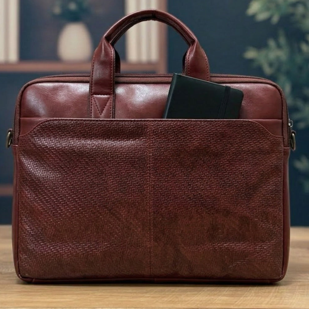 Atom Basics Vegan Leather Laptop Bag – Dark Brown Tan Premium Briefcase for Professionals