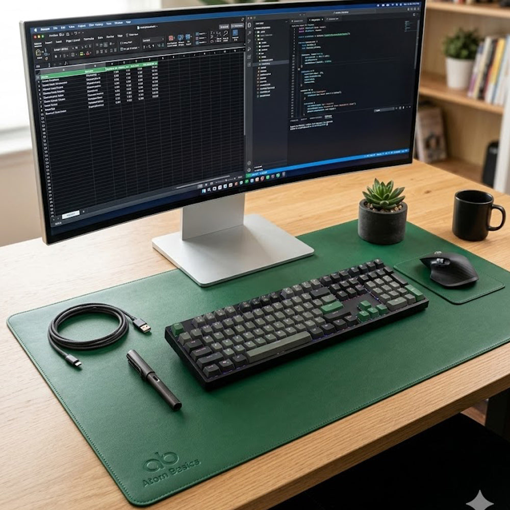 Atom Basics Premium Leather Desk Mat - Multi-functional Mouse Pad & Laptop Stand - Forest Green