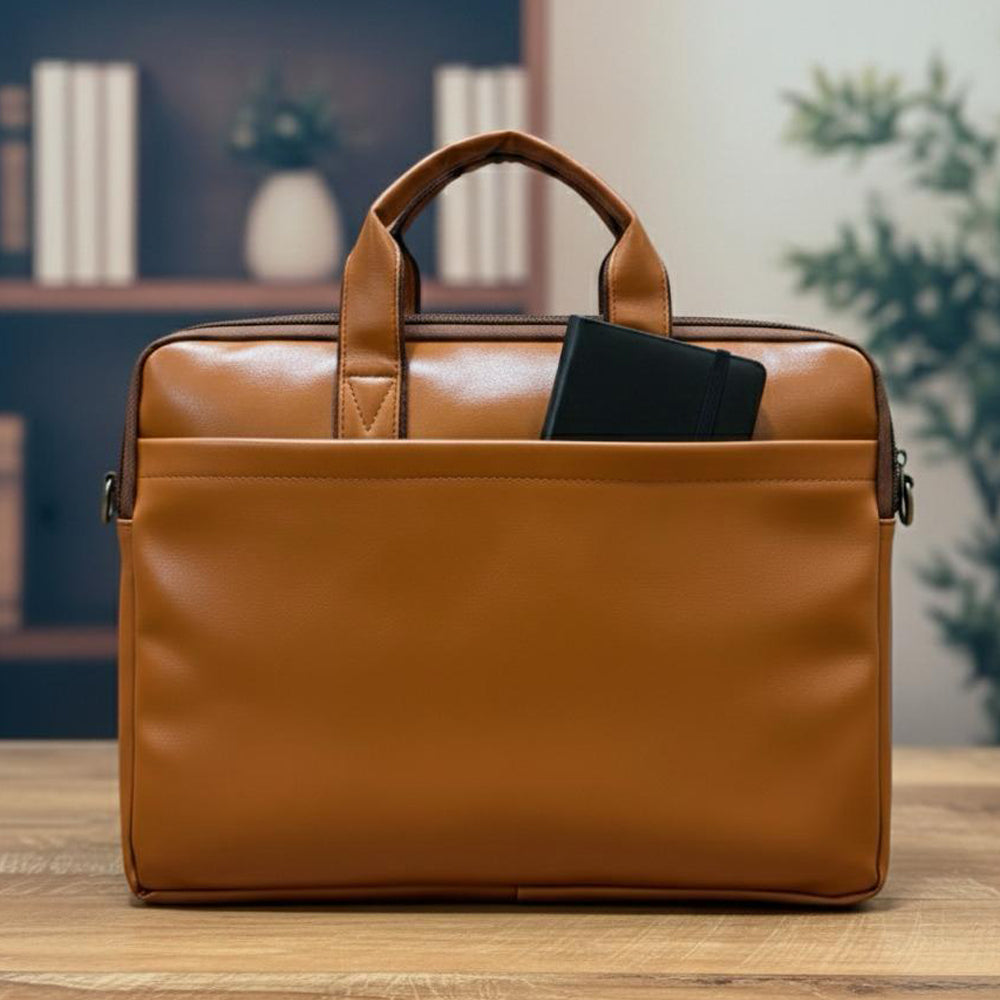 Atom Basics Vegan Leather Laptop Bag – Light Brown Tan Premium Briefcase for Professionals