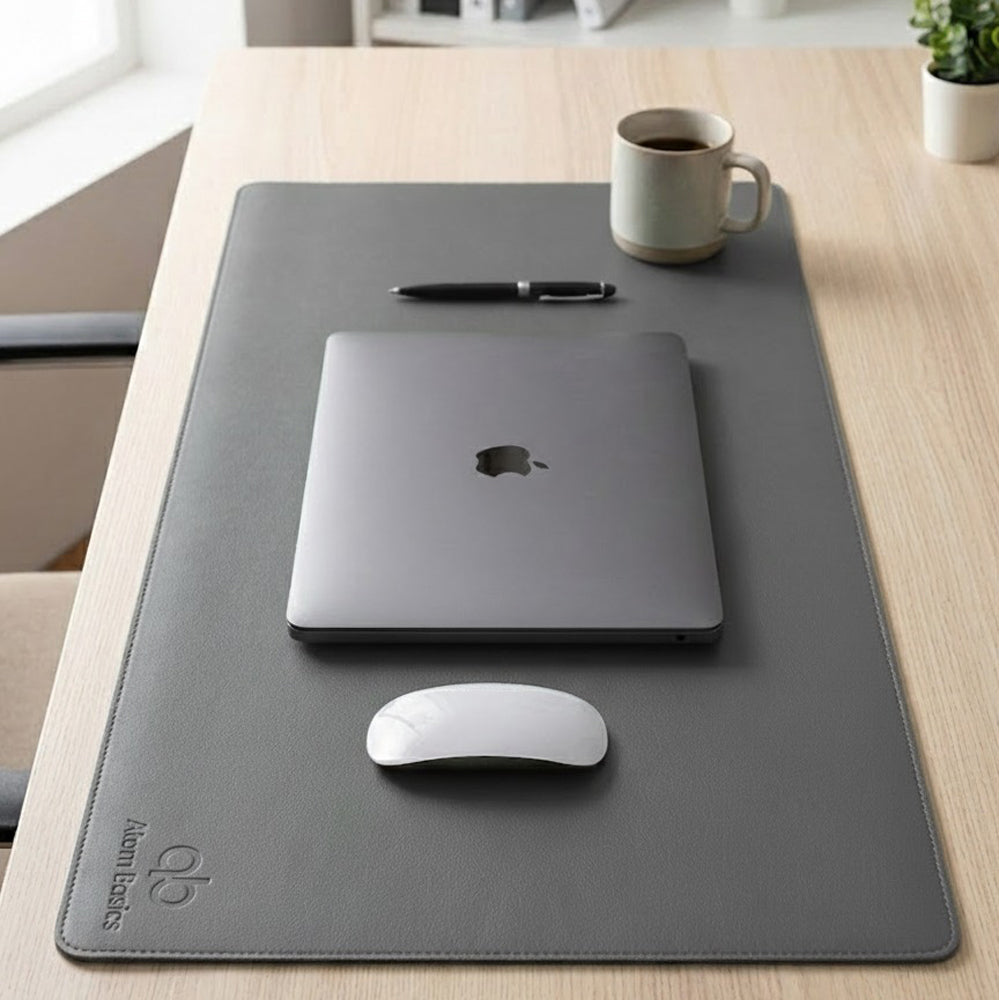 Atom Basics Premium Leather Desk Mat - Multi-functional Mouse Pad & Laptop Stand- Grey