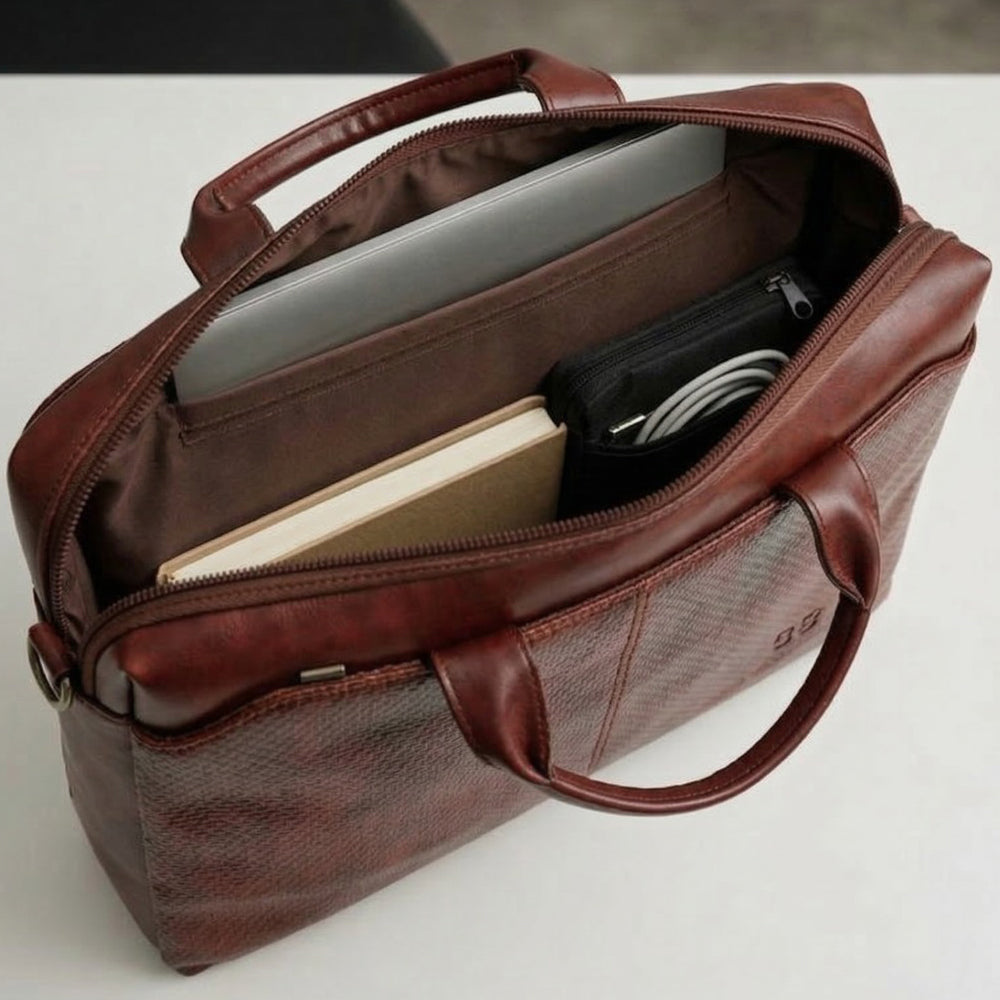 Atom Basics Vegan Leather Laptop Bag – Dark Brown Tan Premium Briefcase for Professionals
