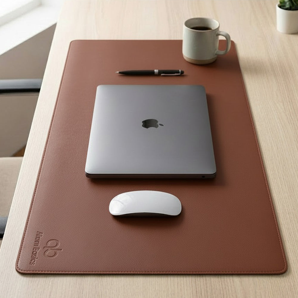 Atom Basics Premium Leather Desk Mat - Multi-functional Mouse Pad & Laptop Stand - Brown
