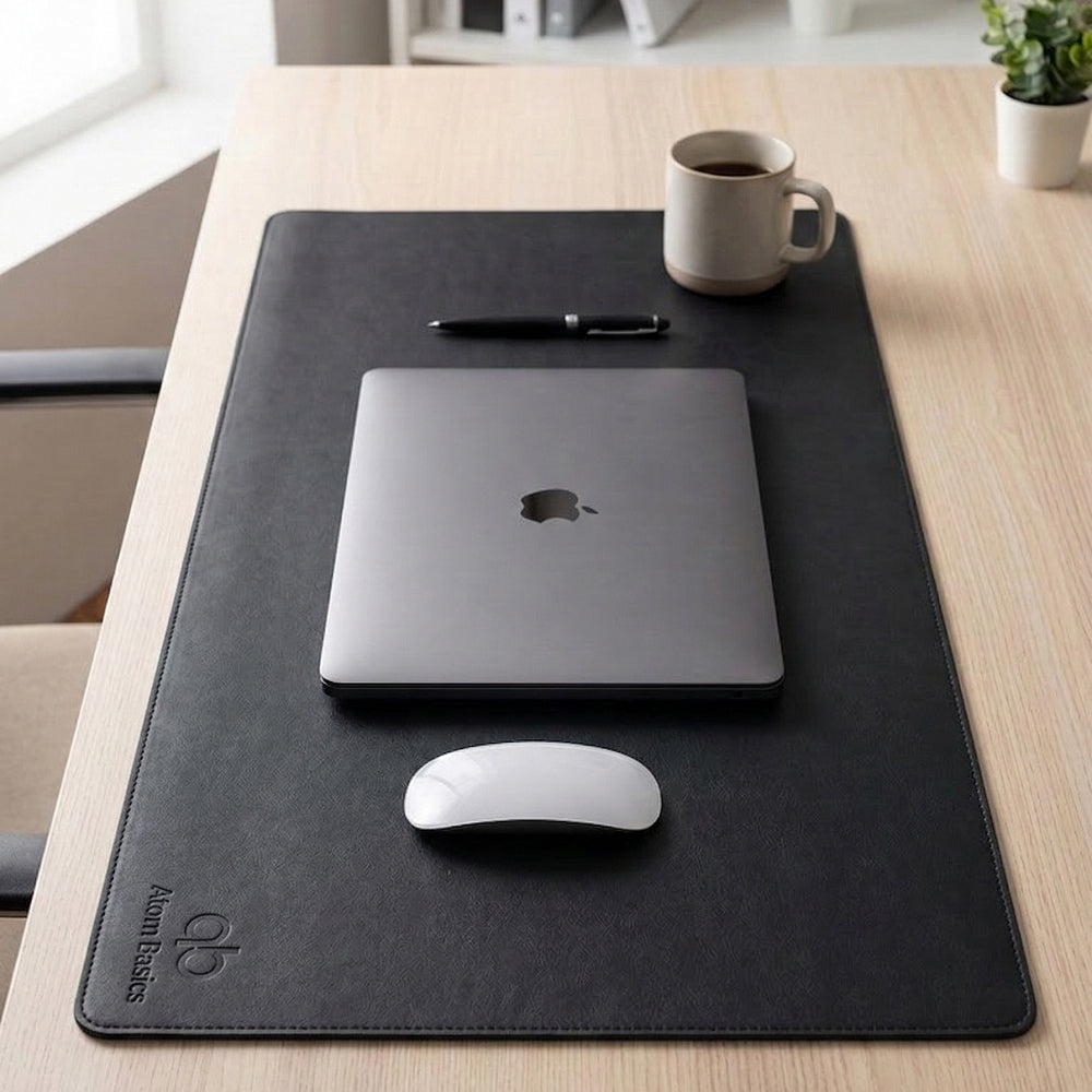 Atom Basics Premium Leather Desk Mat - Multi-functional Mouse Pad & Laptop Stand - Black