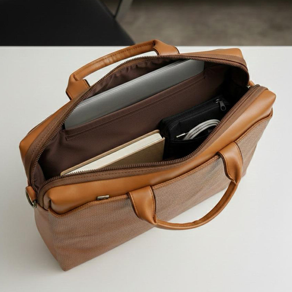 Atom Basics Vegan Leather Laptop Bag – Light Brown Tan Premium Briefcase for Professionals