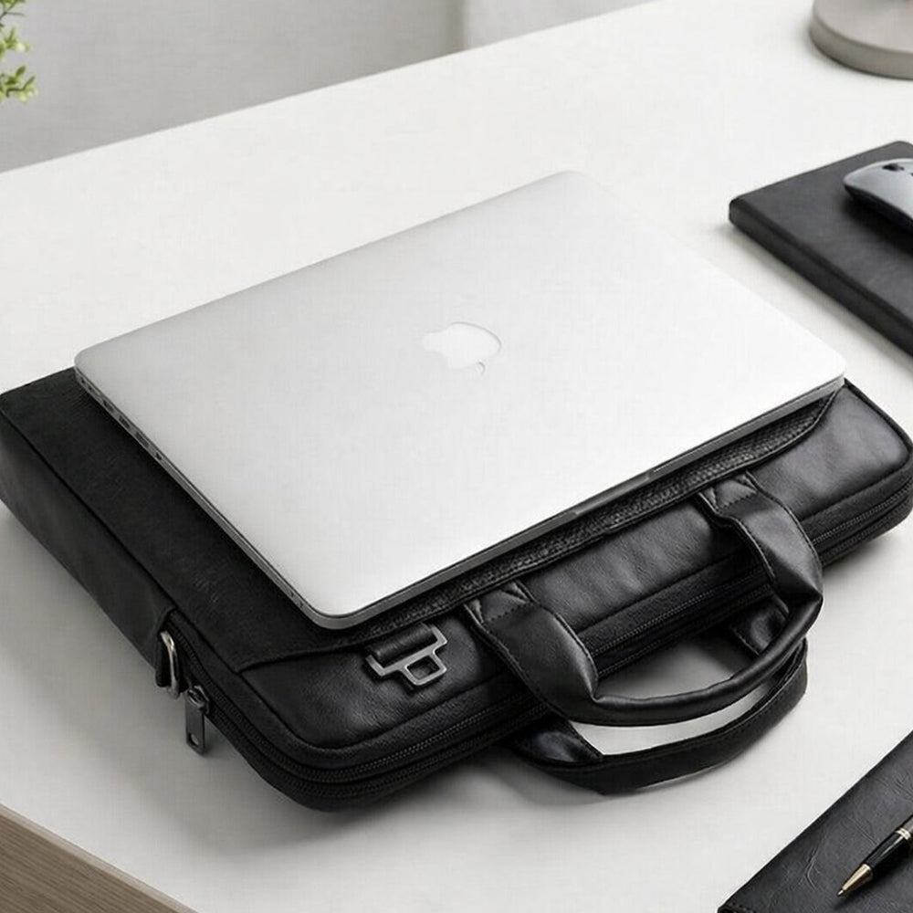 Atom Basics Vegan Leather Laptop Bag – Black Premium Briefcase for Professionals