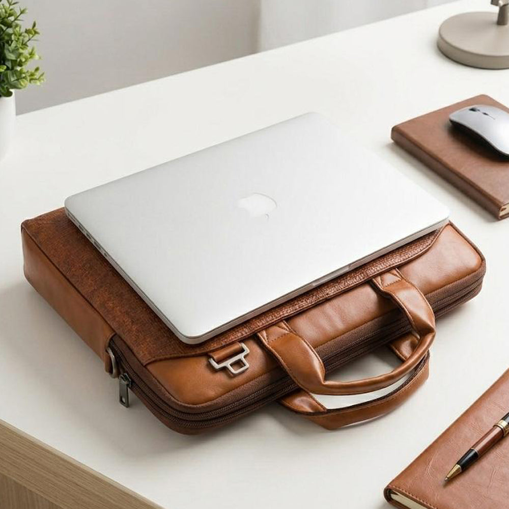 Atom Basics Vegan Leather Laptop Bag – Light Brown Tan Premium Briefcase for Professionals