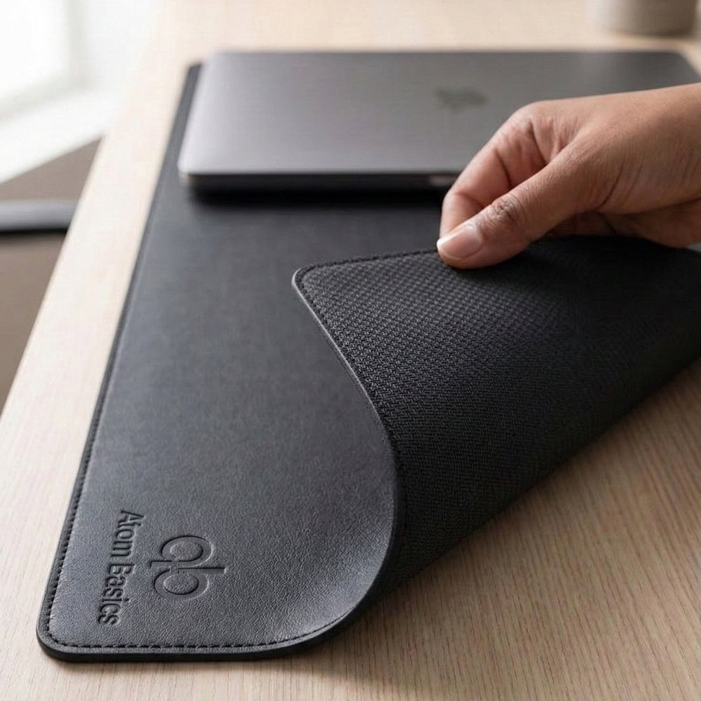 Atom Basics Premium Leather Desk Mat - Multi-functional Mouse Pad & Laptop Stand - Black