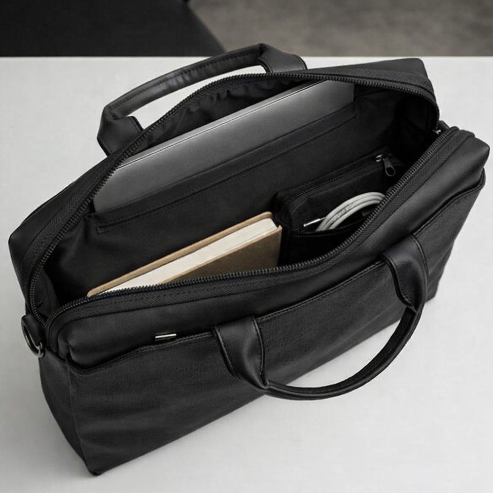 Atom Basics Vegan Leather Laptop Bag – Black Premium Briefcase for Professionals