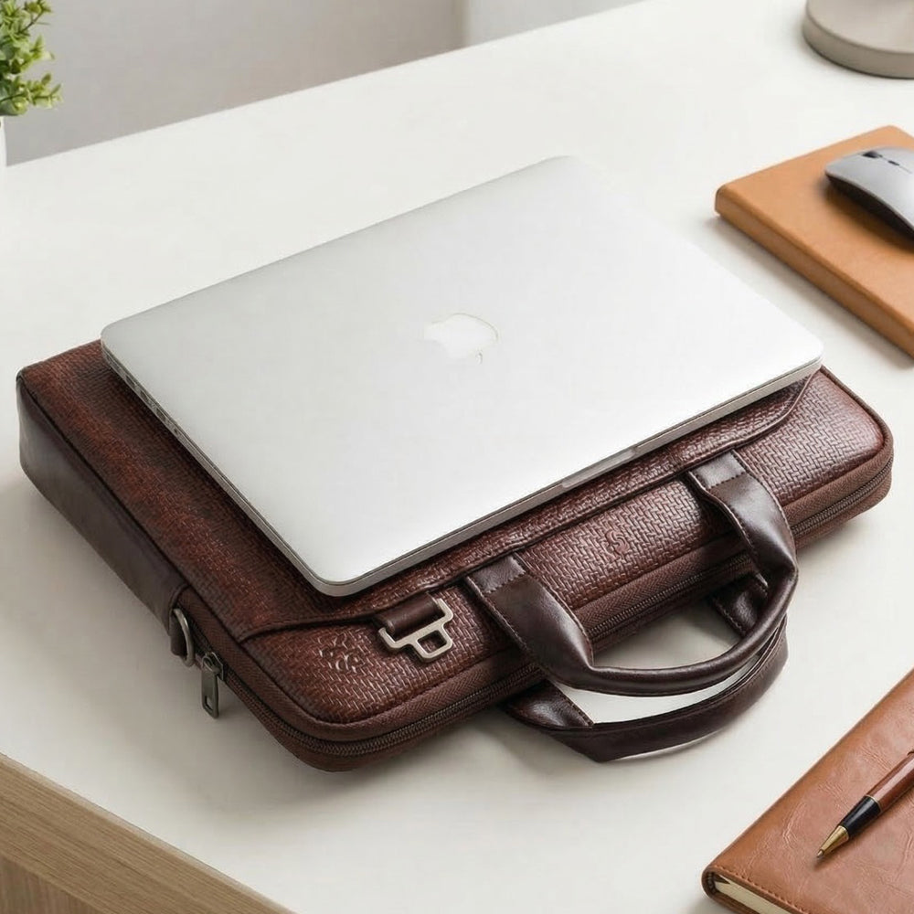 Atom Basics Vegan Leather Laptop Bag – Dark Brown Tan Premium Briefcase for Professionals