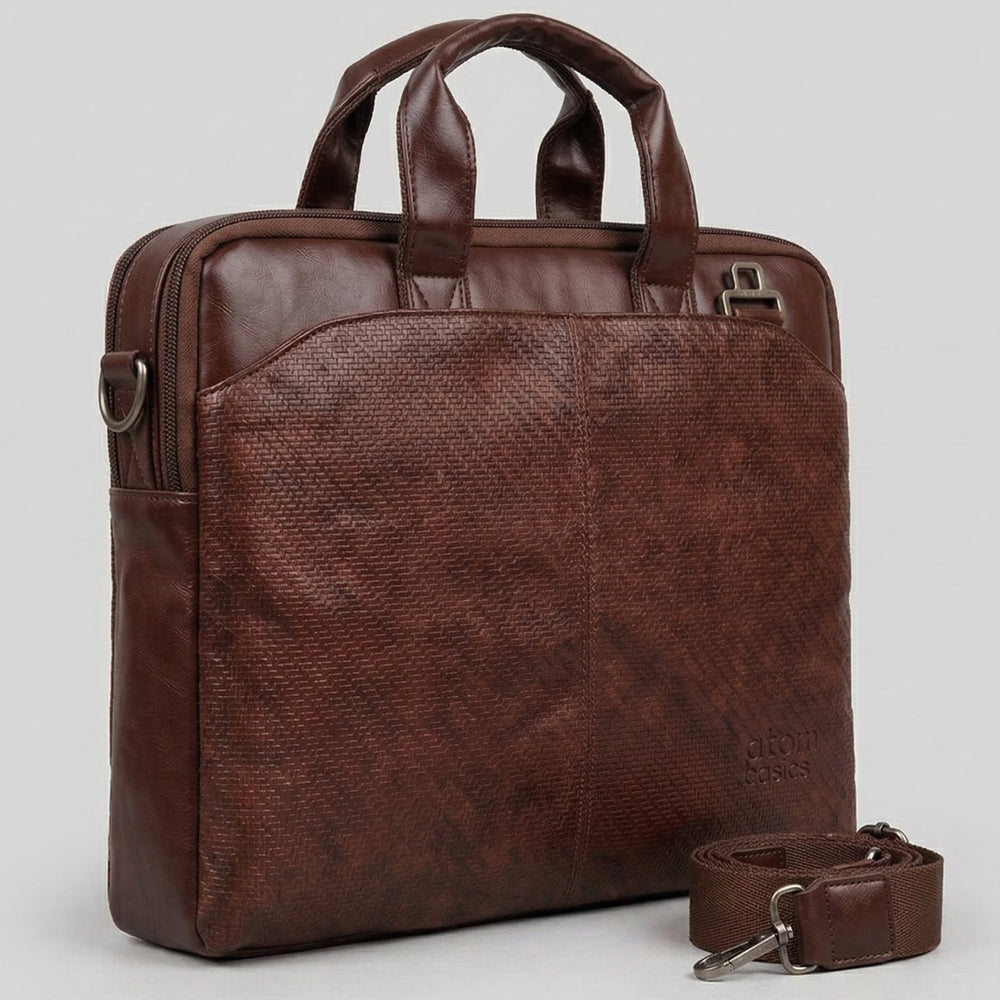 Atom Basics Vegan Leather Laptop Bag – Dark Brown Tan Premium Briefcase for Professionals