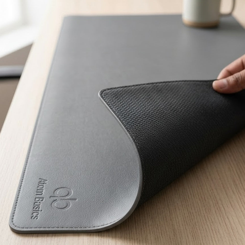 Atom Basics Premium Leather Desk Mat - Multi-functional Mouse Pad & Laptop Stand- Grey