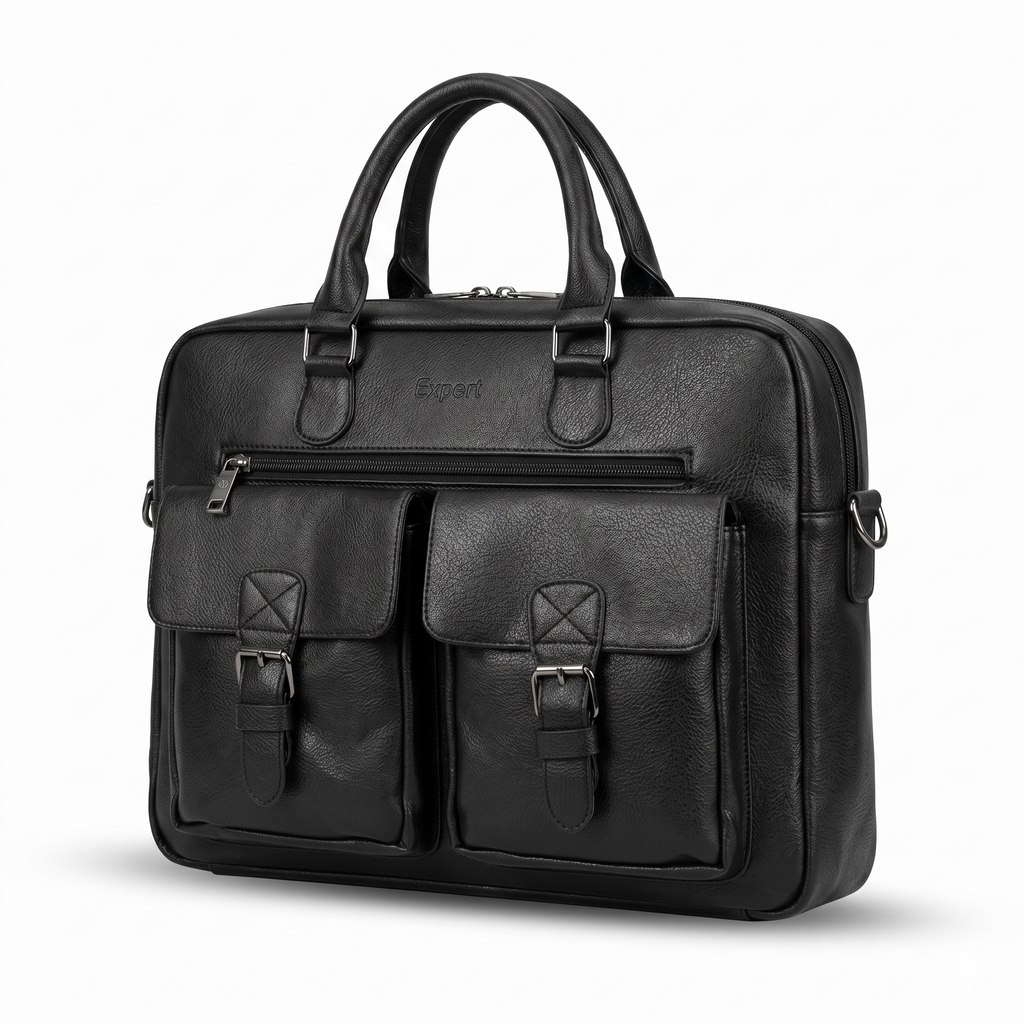 Expert Executive Leather Laptop Briefcase with Dual Front Pockets – Black
