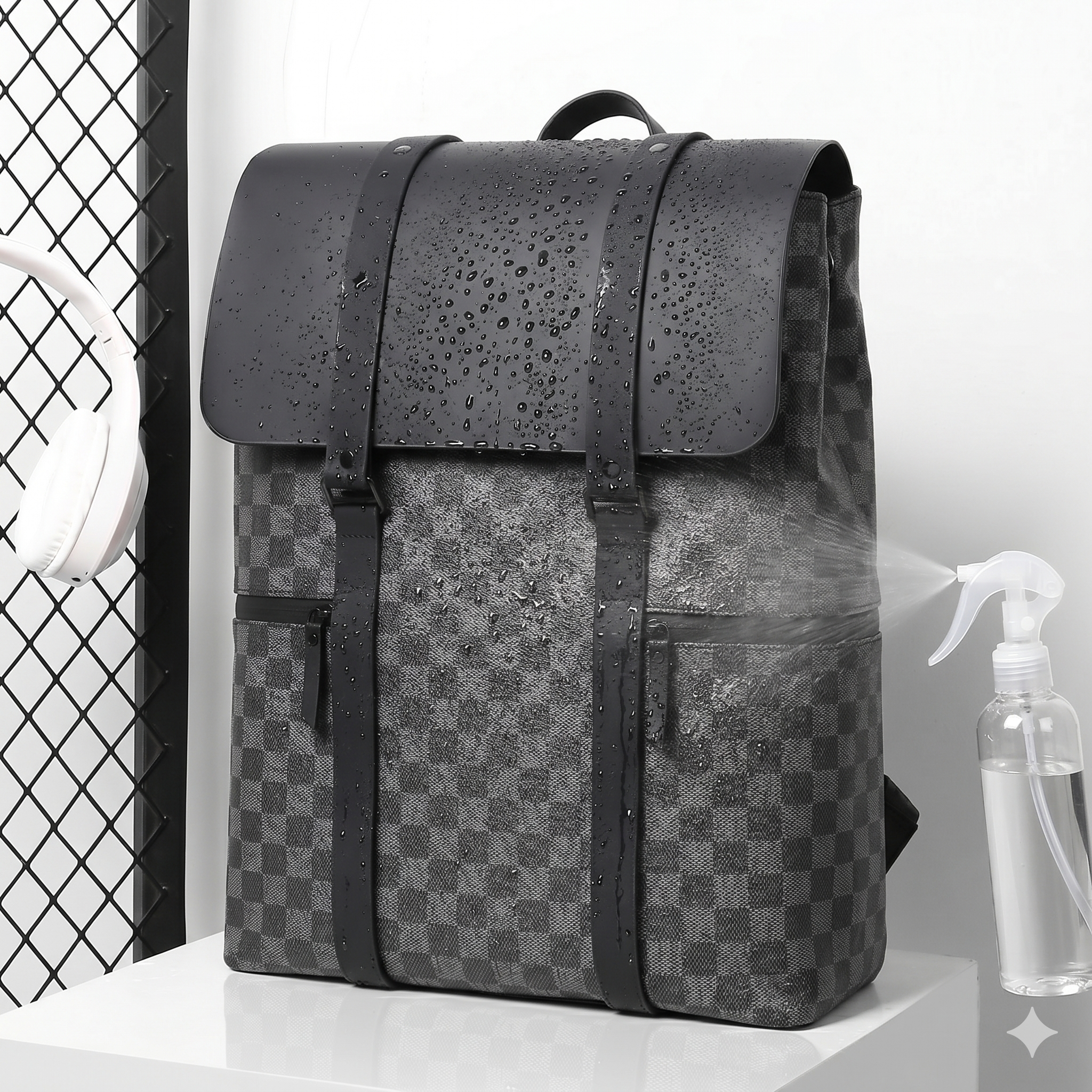 Atom Basics LuxeGrid Flap Backpack - Grey And Black WIth Check