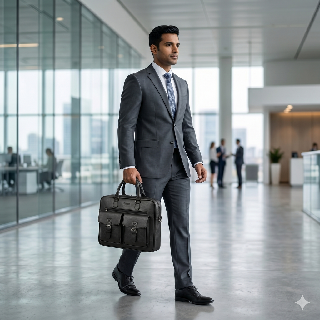 Expert Executive Leather Laptop Briefcase with Dual Front Pockets – Black