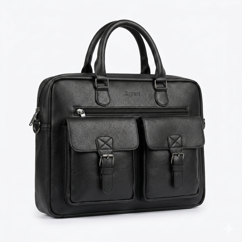 Expert Executive Leather Laptop Briefcase with Dual Front Pockets – Black