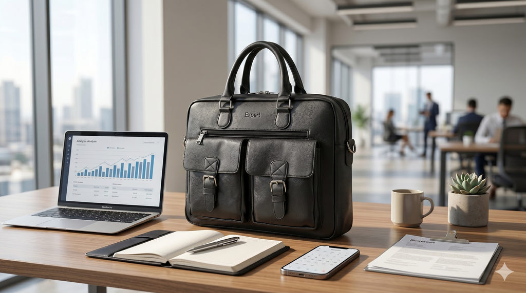 Expert Executive Leather Laptop Briefcase with Dual Front Pockets – Black